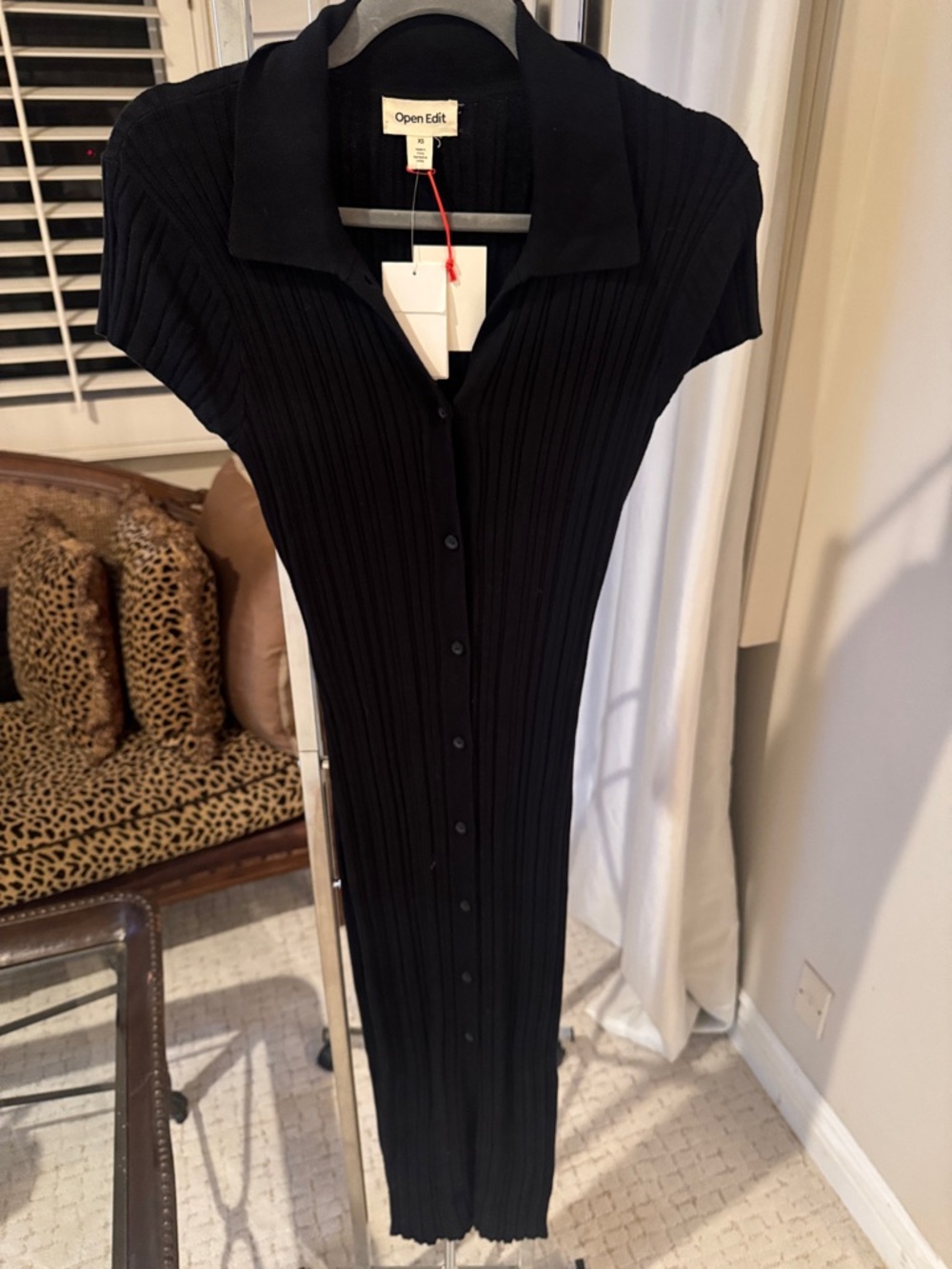 Open Edit Black Ribbed Button-Down Maxi Dress